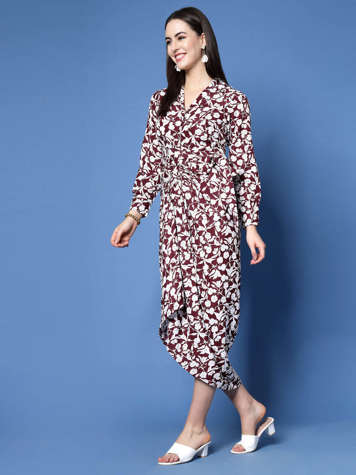 Maroon Floral Printed Shirt Collar Gathered Detailed Warp Midi Dress