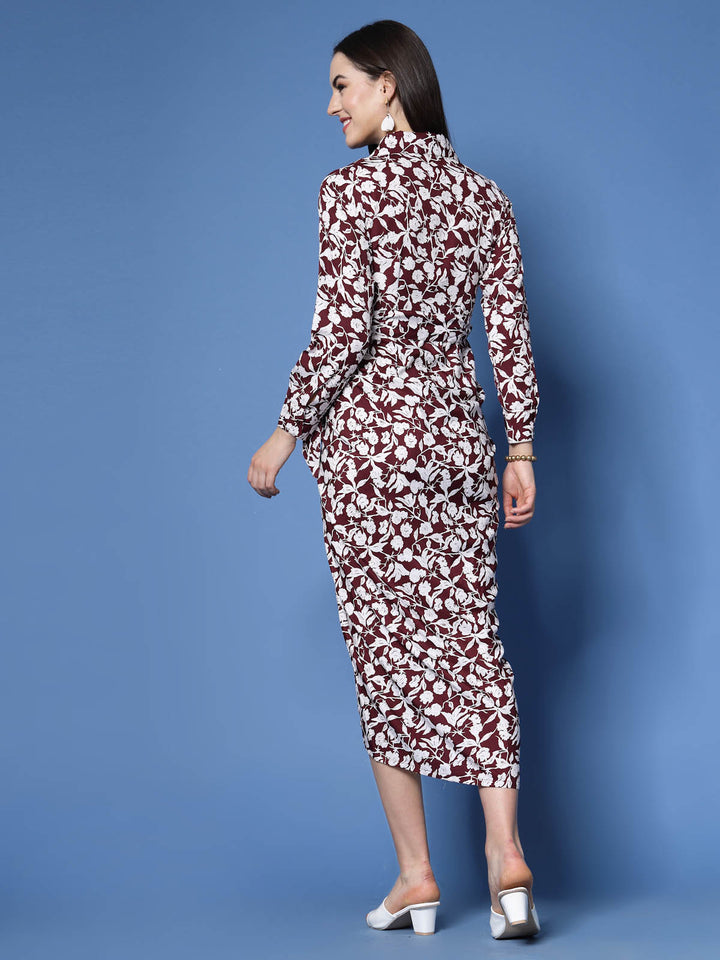 Maroon Floral Printed Shirt Collar Gathered Detailed Warp Midi Dress