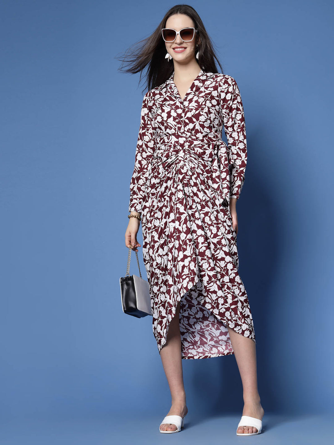 Maroon Floral Printed Shirt Collar Gathered Detailed Warp Midi Dress