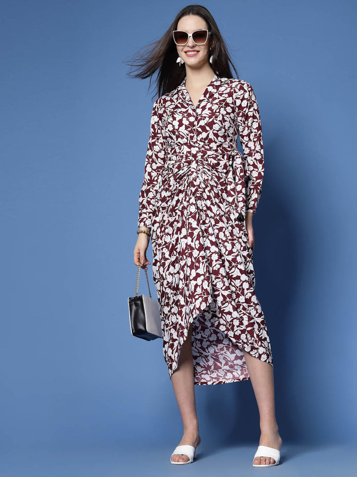 Maroon Floral Printed Shirt Collar Gathered Detailed Warp Midi Dress