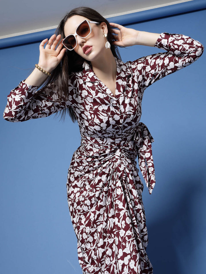 Maroon Floral Printed Shirt Collar Gathered Detailed Warp Midi Dress