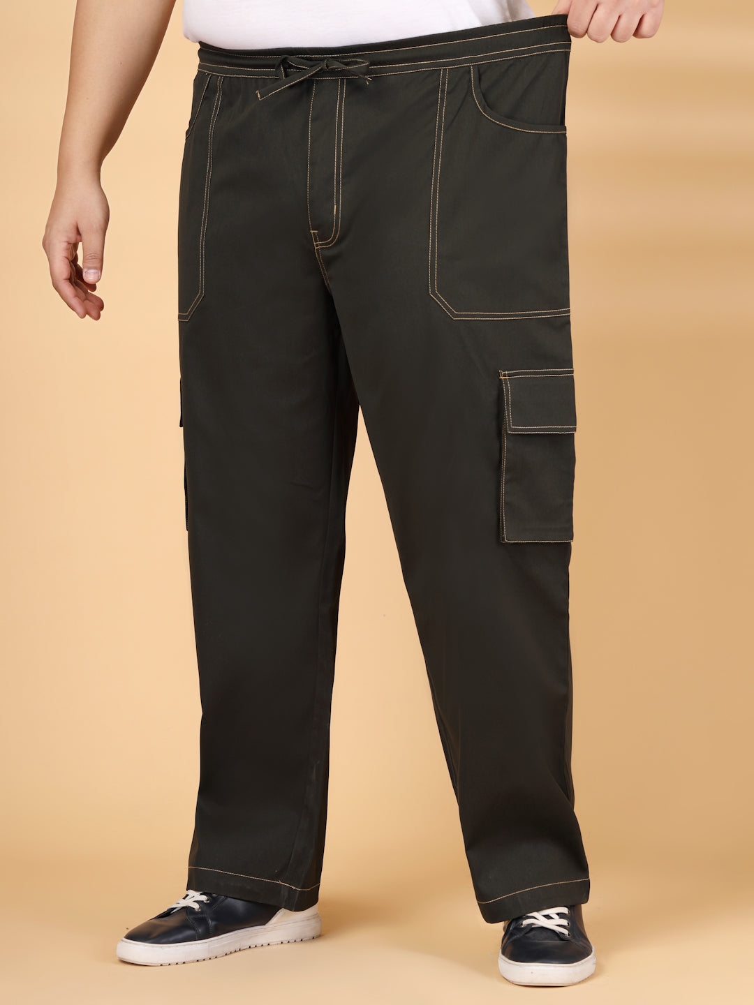 Plus Size Men's Cotton Solid Black Cargo