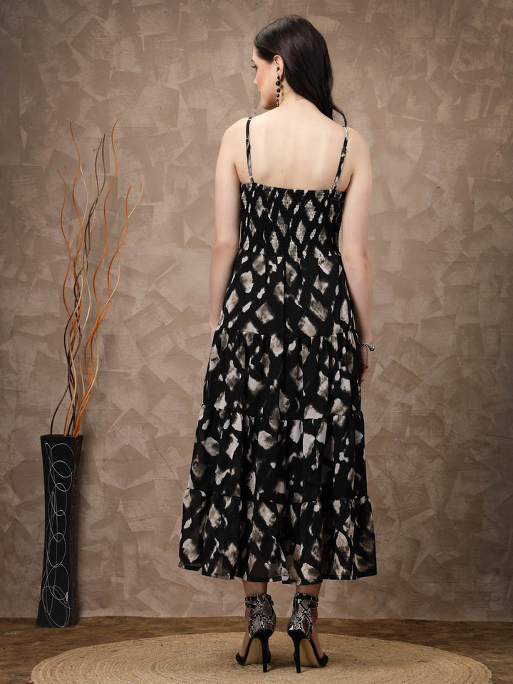 Black Abstract Printed Shoulder Straps Gathered Tiered A-Line Maxi Dress