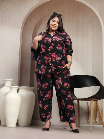 Plus Size Black And Red Floral Printed Shirt Collar Tunic With Trousers Co-Ords
