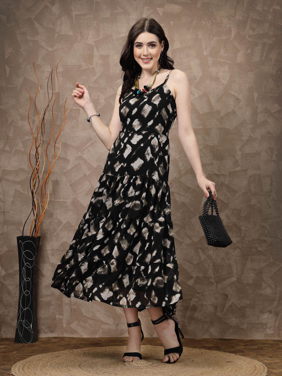 Black Abstract Printed Shoulder Straps Gathered Tiered A-Line Maxi Dress