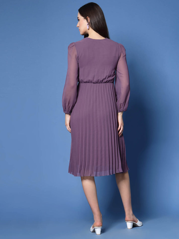 Purple V-Neck Puff Sleeves Accordion Pleated Fit  Flare Dress