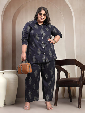 Plus Size Printed Collar Shirt With Trouser