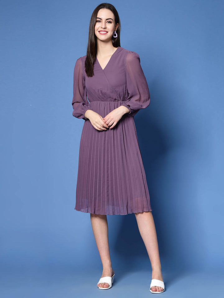 Purple V-Neck Puff Sleeves Accordion Pleated Fit  Flare Dress