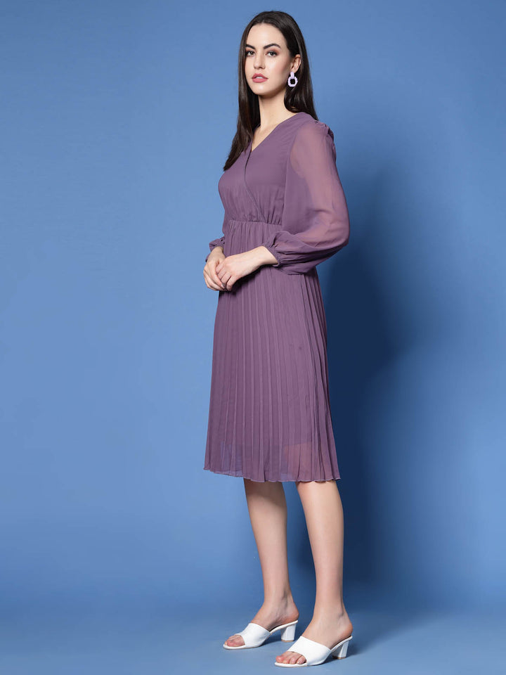 Purple V-Neck Puff Sleeves Accordion Pleated Fit  Flare Dress