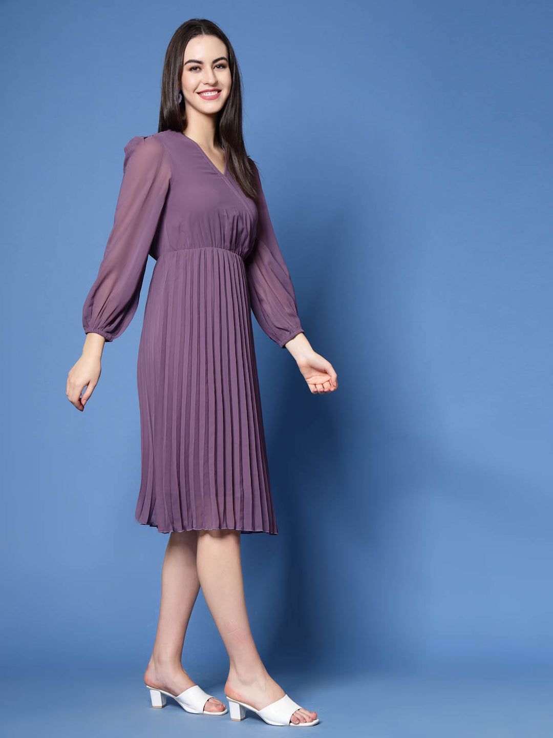 Purple V-Neck Puff Sleeves Accordion Pleated Fit  Flare Dress