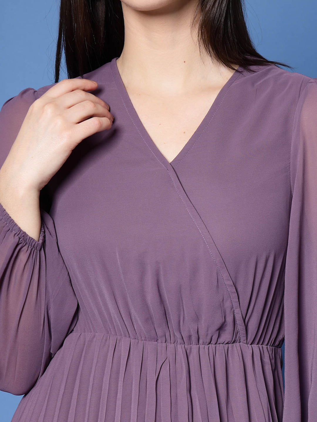 Purple V-Neck Puff Sleeves Accordion Pleated Fit  Flare Dress