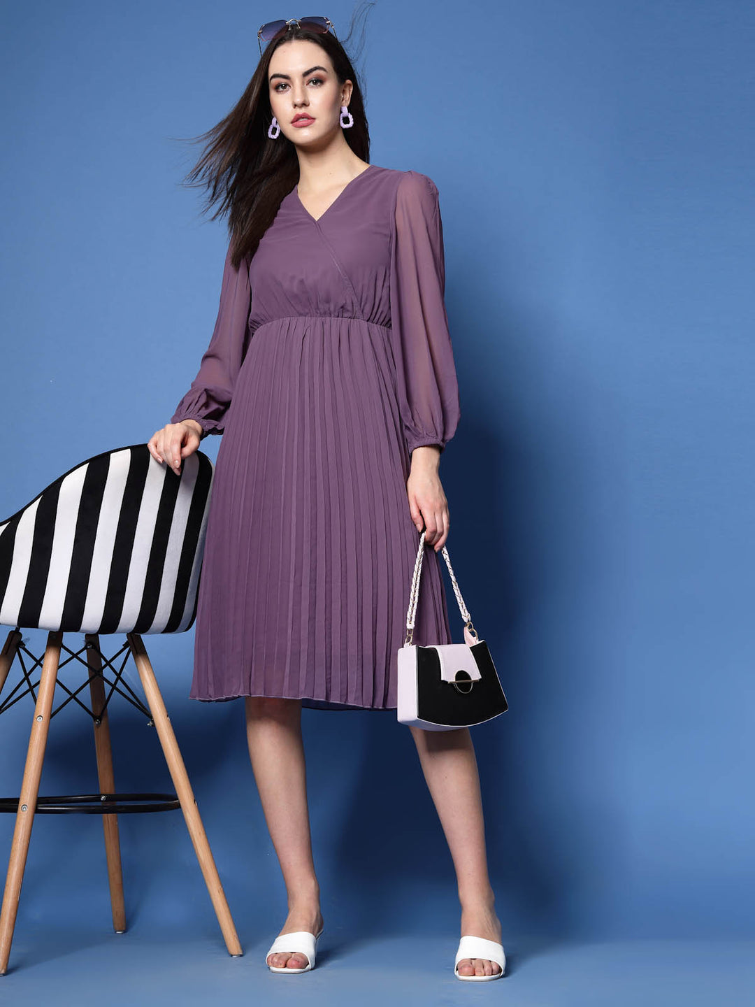 Purple V-Neck Puff Sleeves Accordion Pleated Fit  Flare Dress