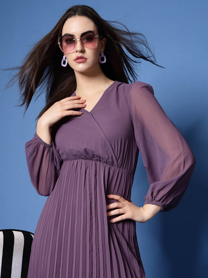 Purple V-Neck Puff Sleeves Accordion Pleated Fit  Flare Dress