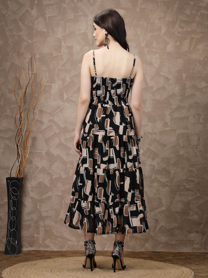 Black & Brown Abstract Printed Shoulder Straps Tiered Detail A-Line Maxi Dress