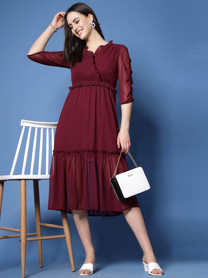 Maroon Puff Sleeve Empire Midi Dress