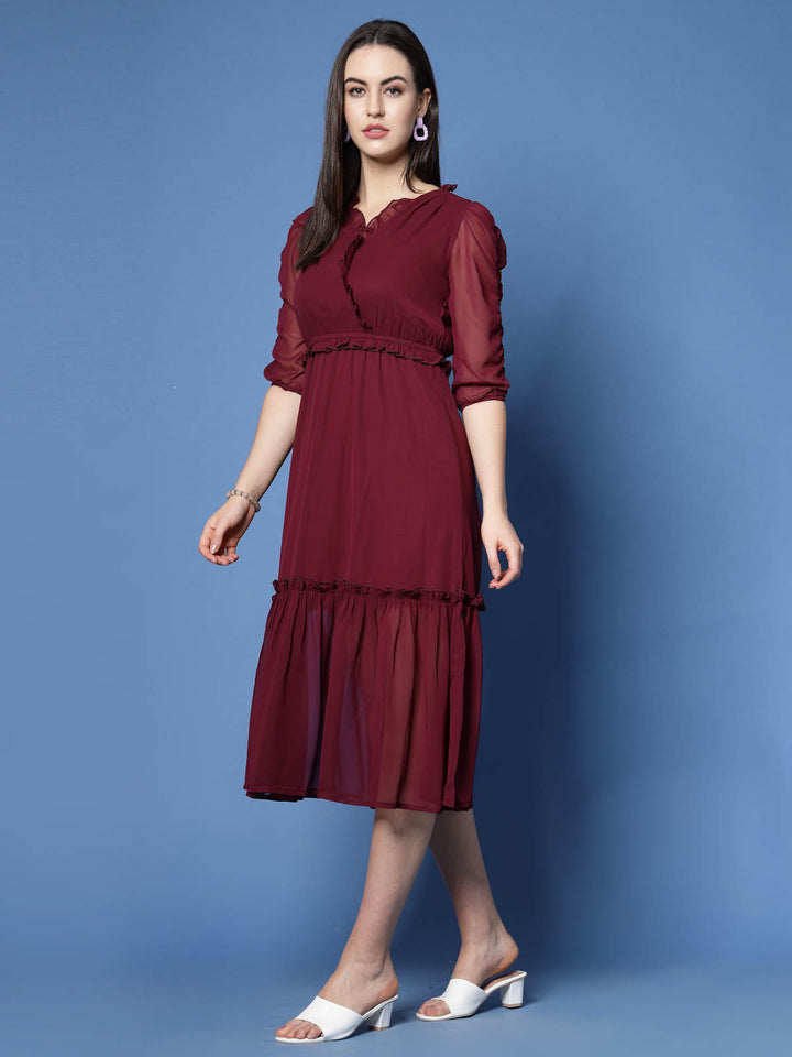 Maroon Puff Sleeve Empire Midi Dress