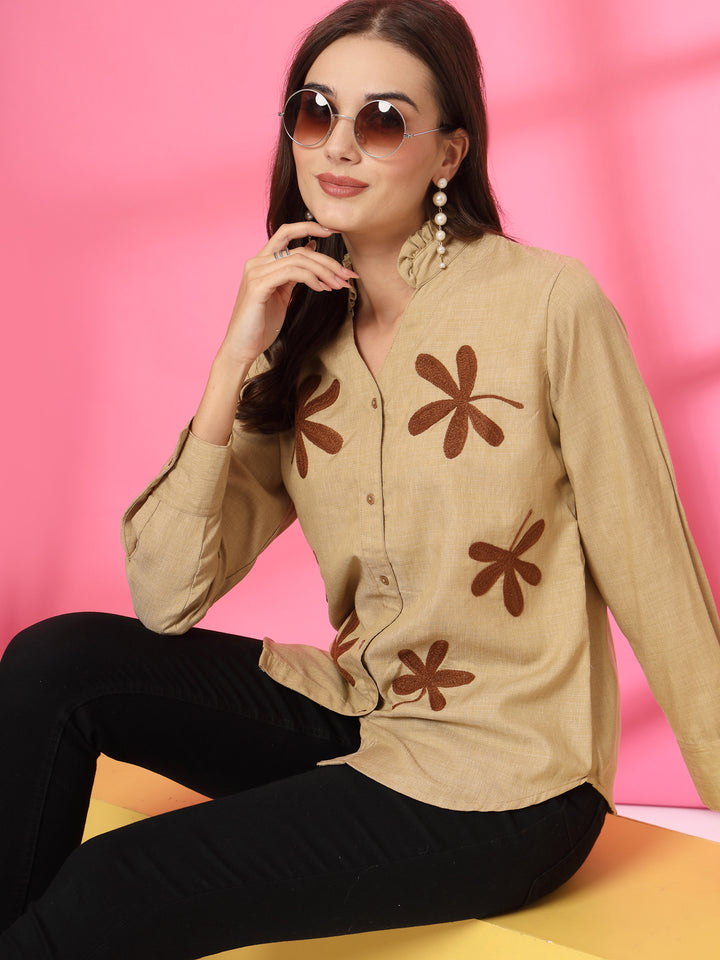 Women Band Collar Floral Printed Cotton Casual Shirt