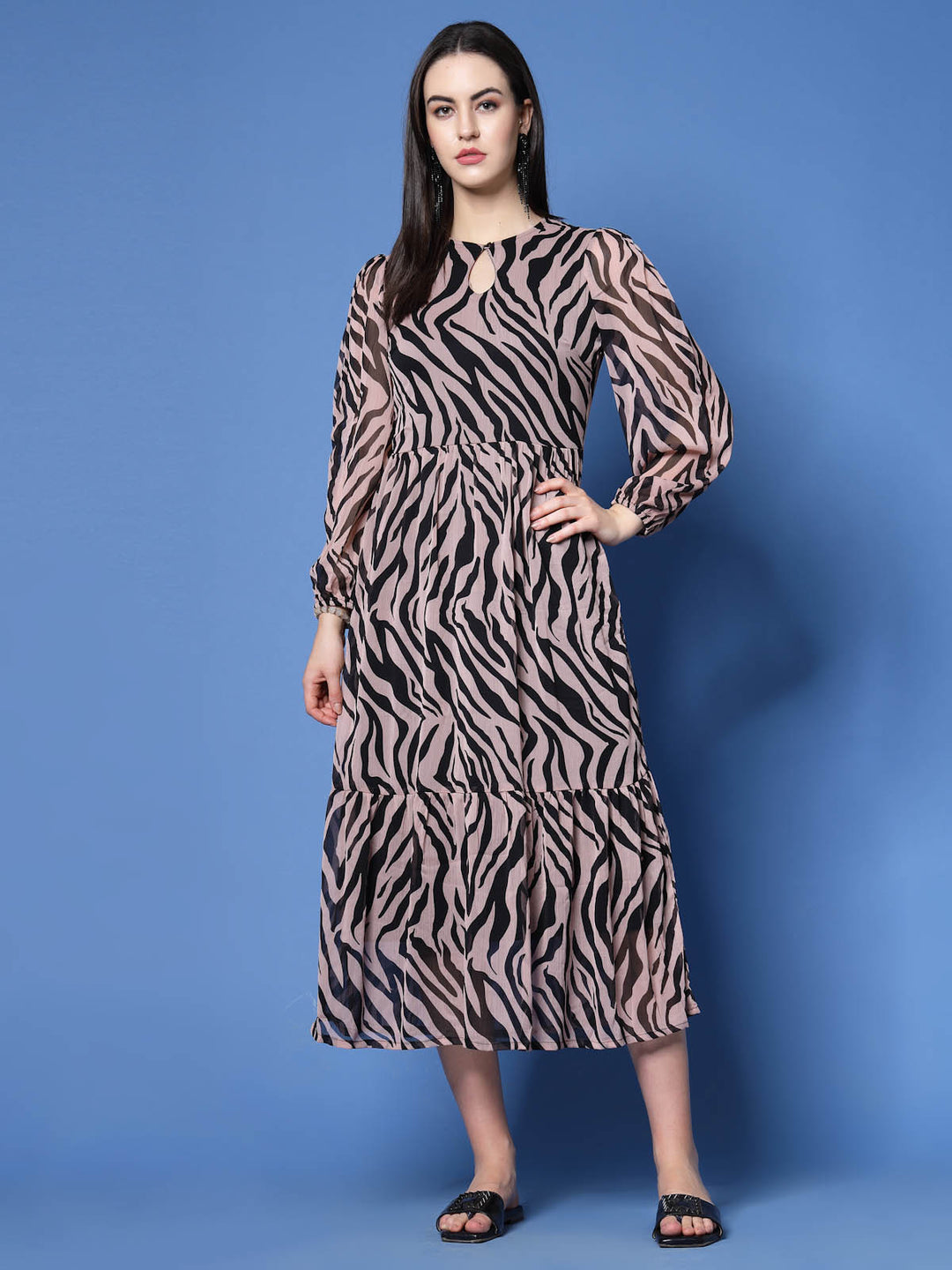 Animal Print Keyhole Neck Bell Sleeve A-Line Midi Dress