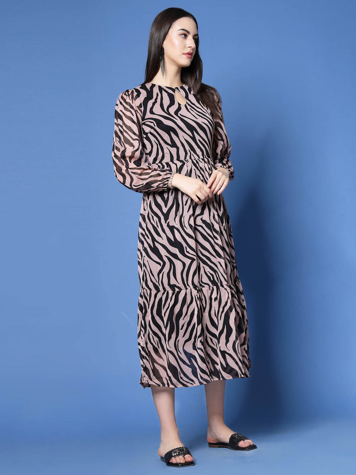 Animal Print Keyhole Neck Bell Sleeve A-Line Midi Dress