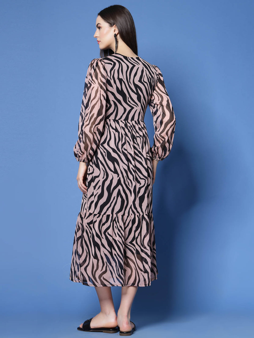 Animal Print Keyhole Neck Bell Sleeve A-Line Midi Dress