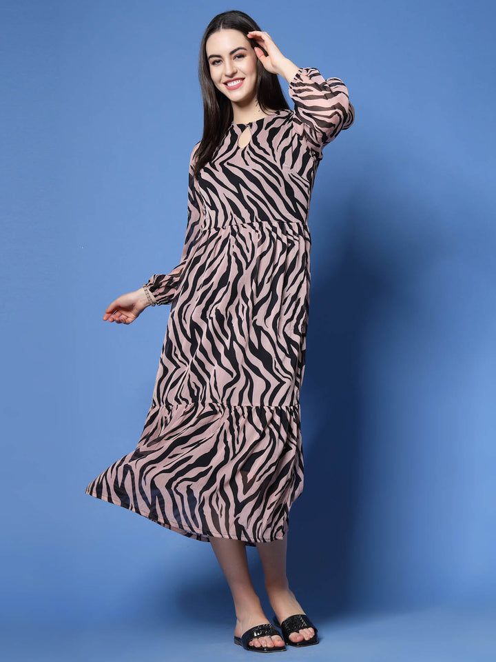 Animal Print Keyhole Neck Bell Sleeve A-Line Midi Dress