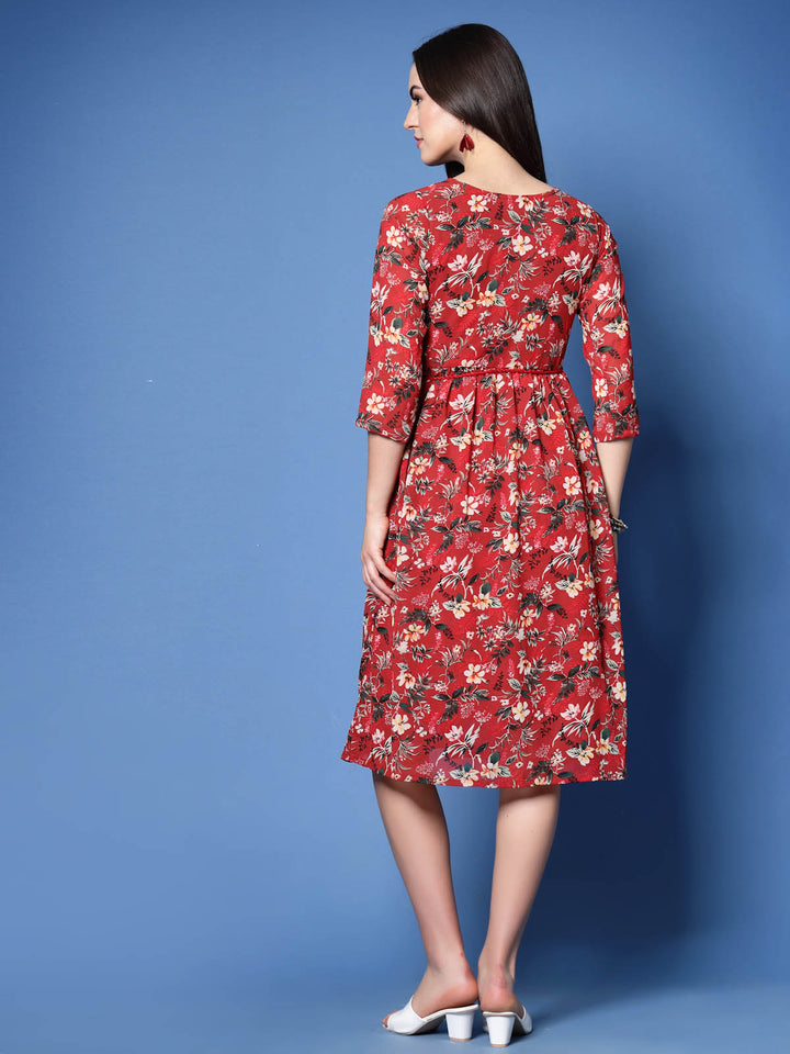 Red Floral Print V-Neck Fit  Flare Pleated Dress