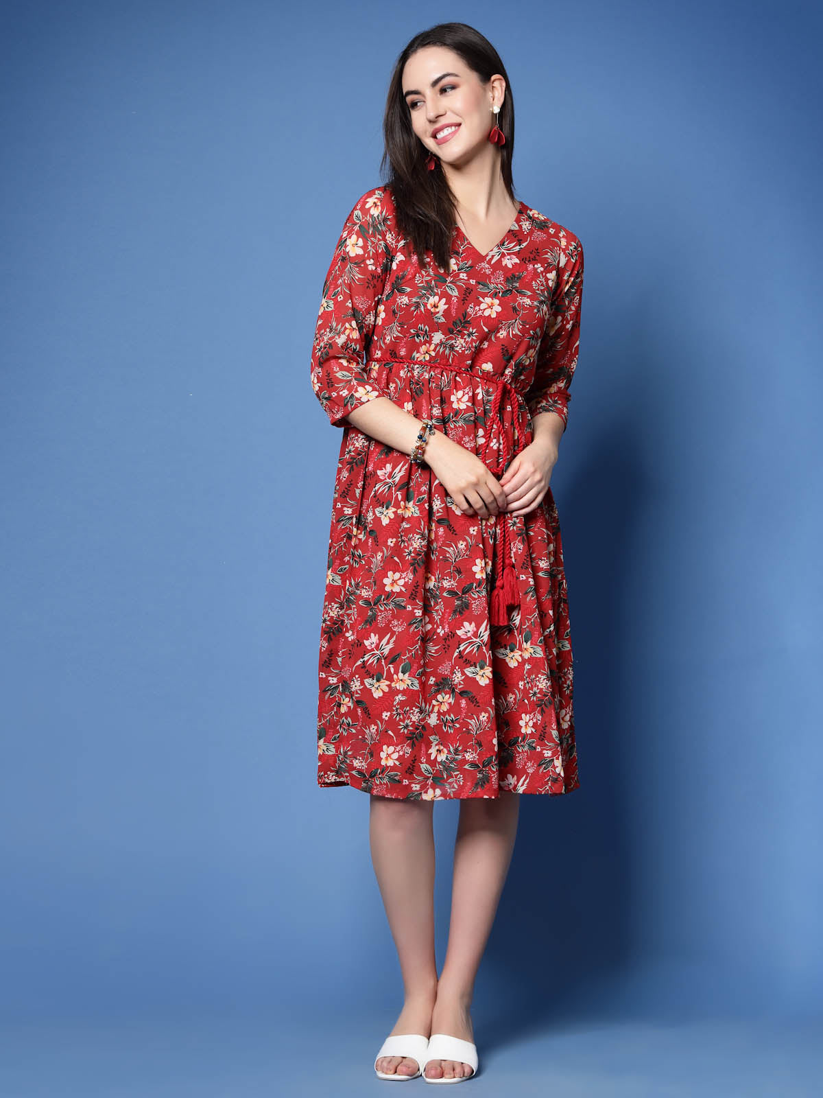 Red floral fit hot sale and flare dress