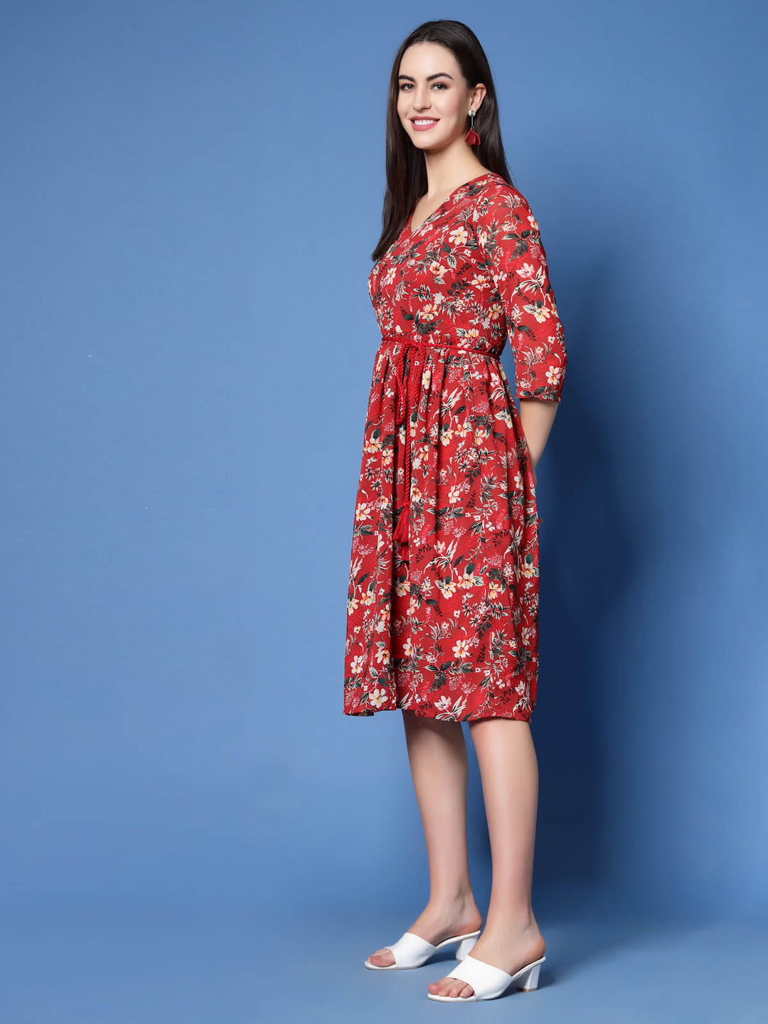 Red Floral Print V-Neck Fit  Flare Pleated Dress