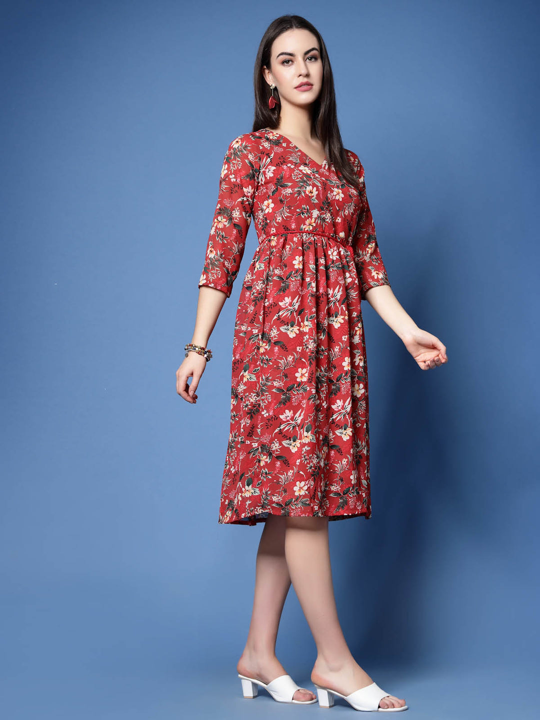 Red Floral Print V-Neck Fit  Flare Pleated Dress