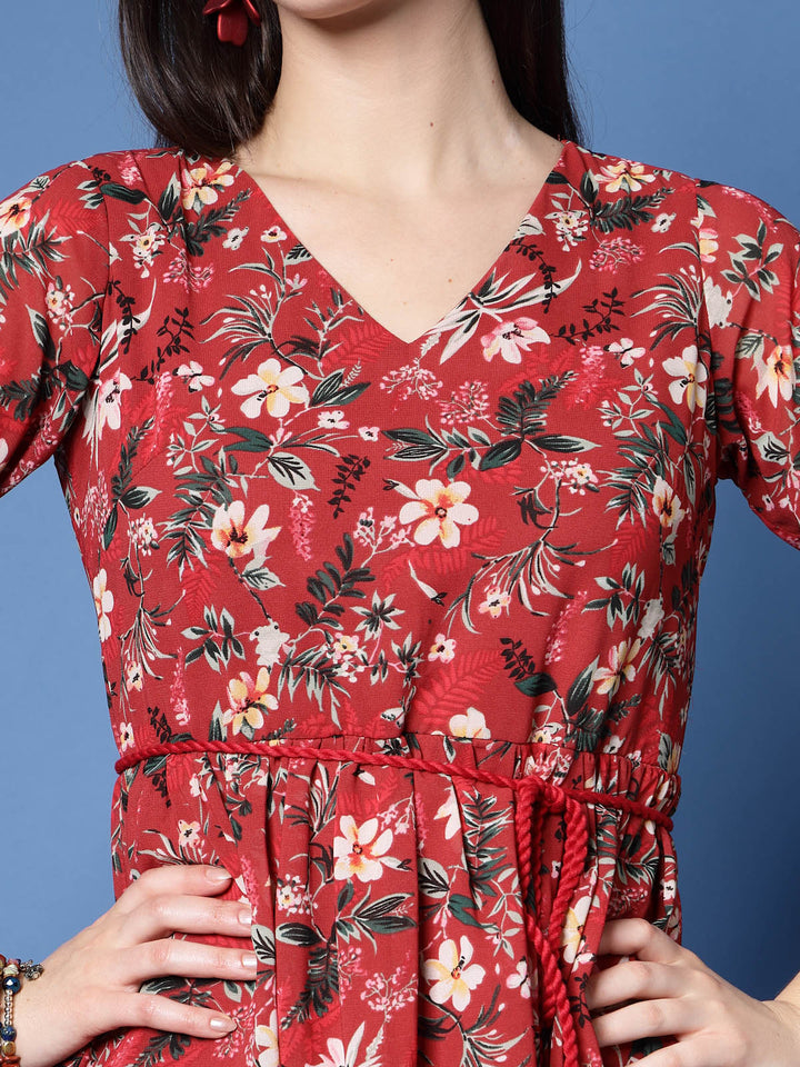 Red Floral Print V-Neck Fit  Flare Pleated Dress