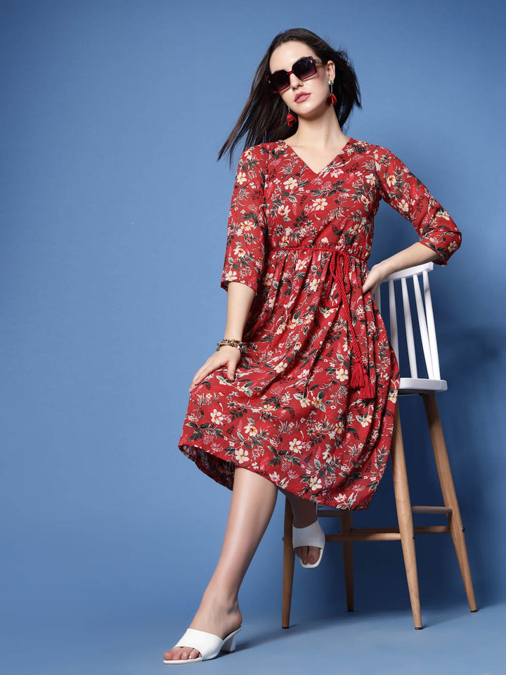 Red Floral Print V-Neck Fit  Flare Pleated Dress