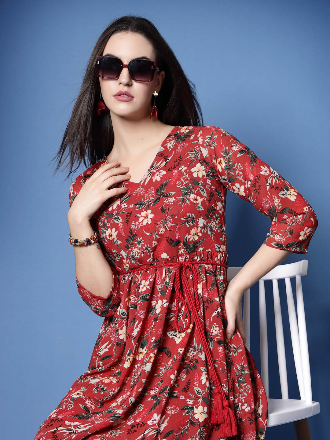 Red Floral Print V-Neck Fit  Flare Pleated Dress