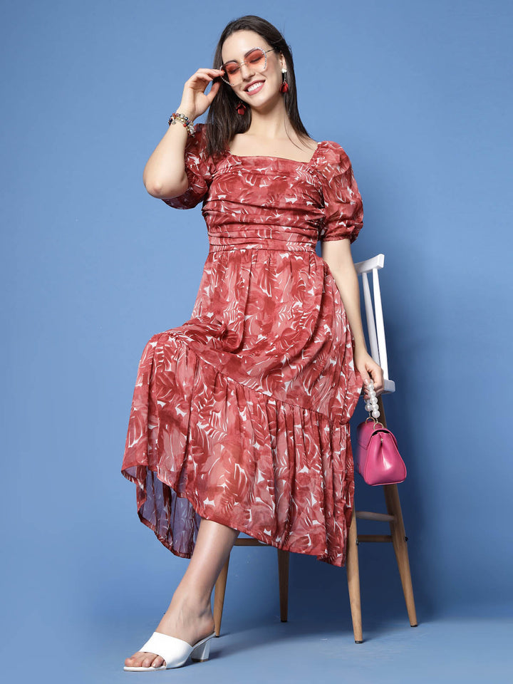 Maroon Floral Print Puff Sleeve Fit  Flare Midi Dress