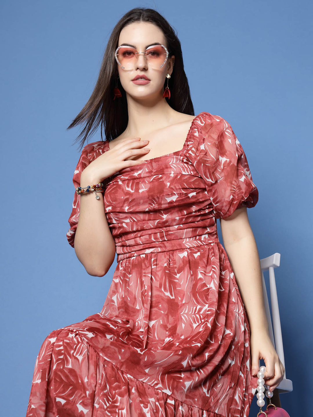 Maroon Floral Print Puff Sleeve Fit  Flare Midi Dress