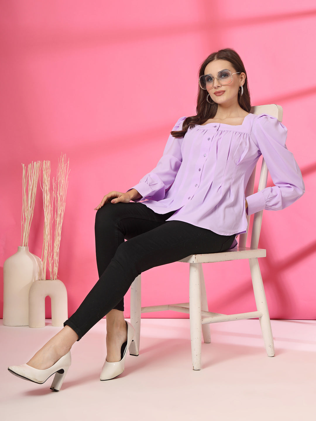 Women Collarless Solid Formal Long Sleeves Shirt