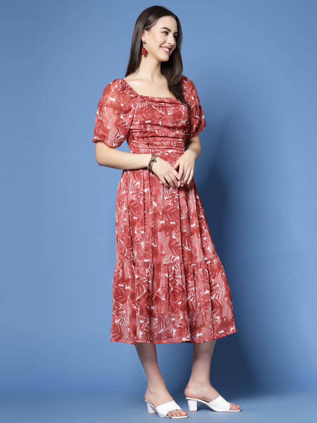 Maroon Floral Print Puff Sleeve Fit  Flare Midi Dress