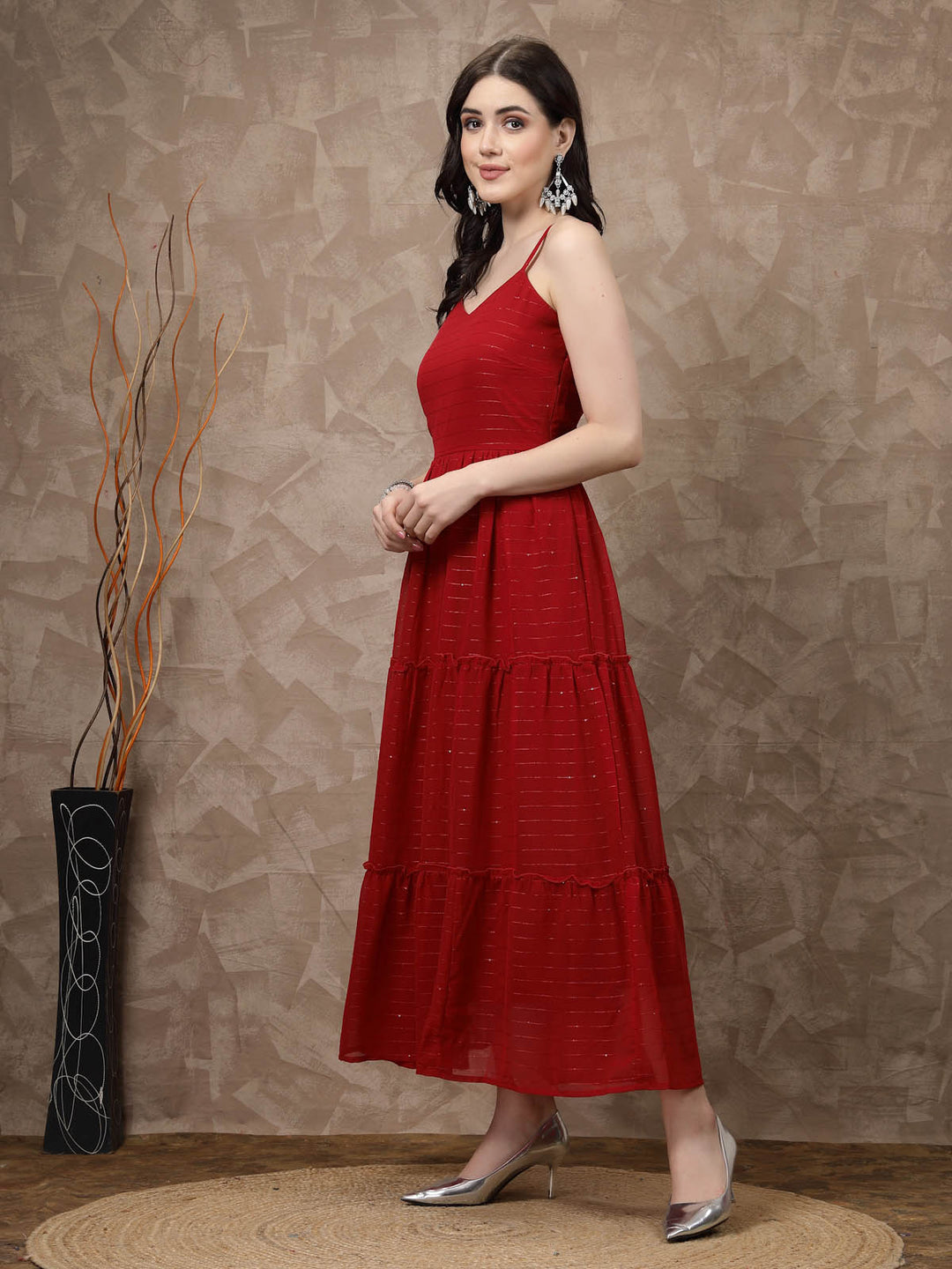 Red Striped Embellished Shoulder Straps Gathered & Tiered Detail Maxi Dress