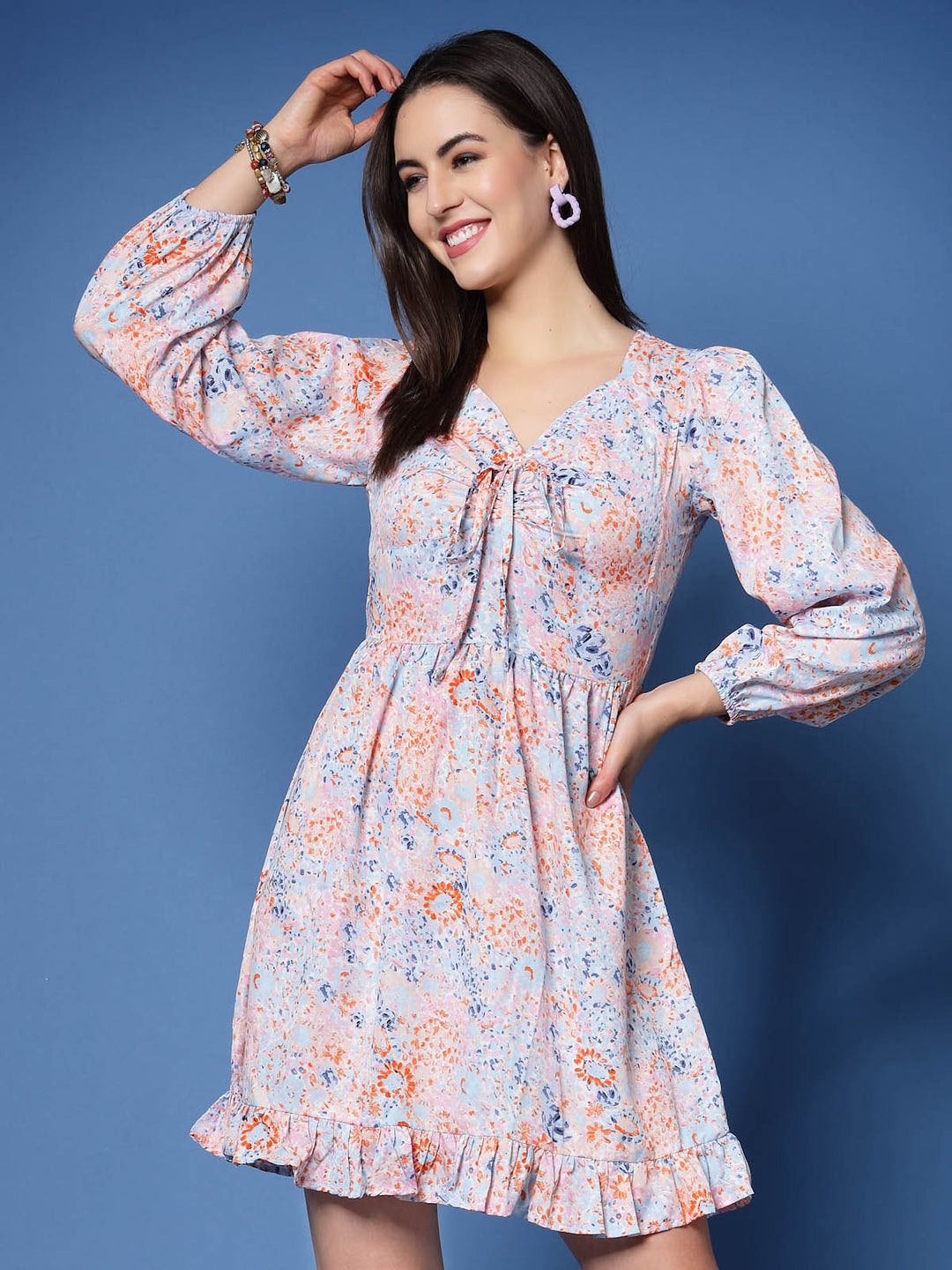 Pink Floral Printed Tie-Up Neck Puff Sleeve Fit  Flare Mini Dress