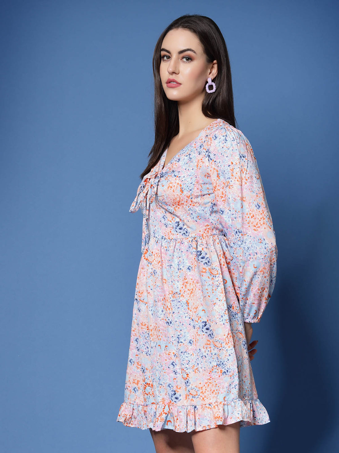 Pink Floral Printed Tie-Up Neck Puff Sleeve Fit  Flare Mini Dress