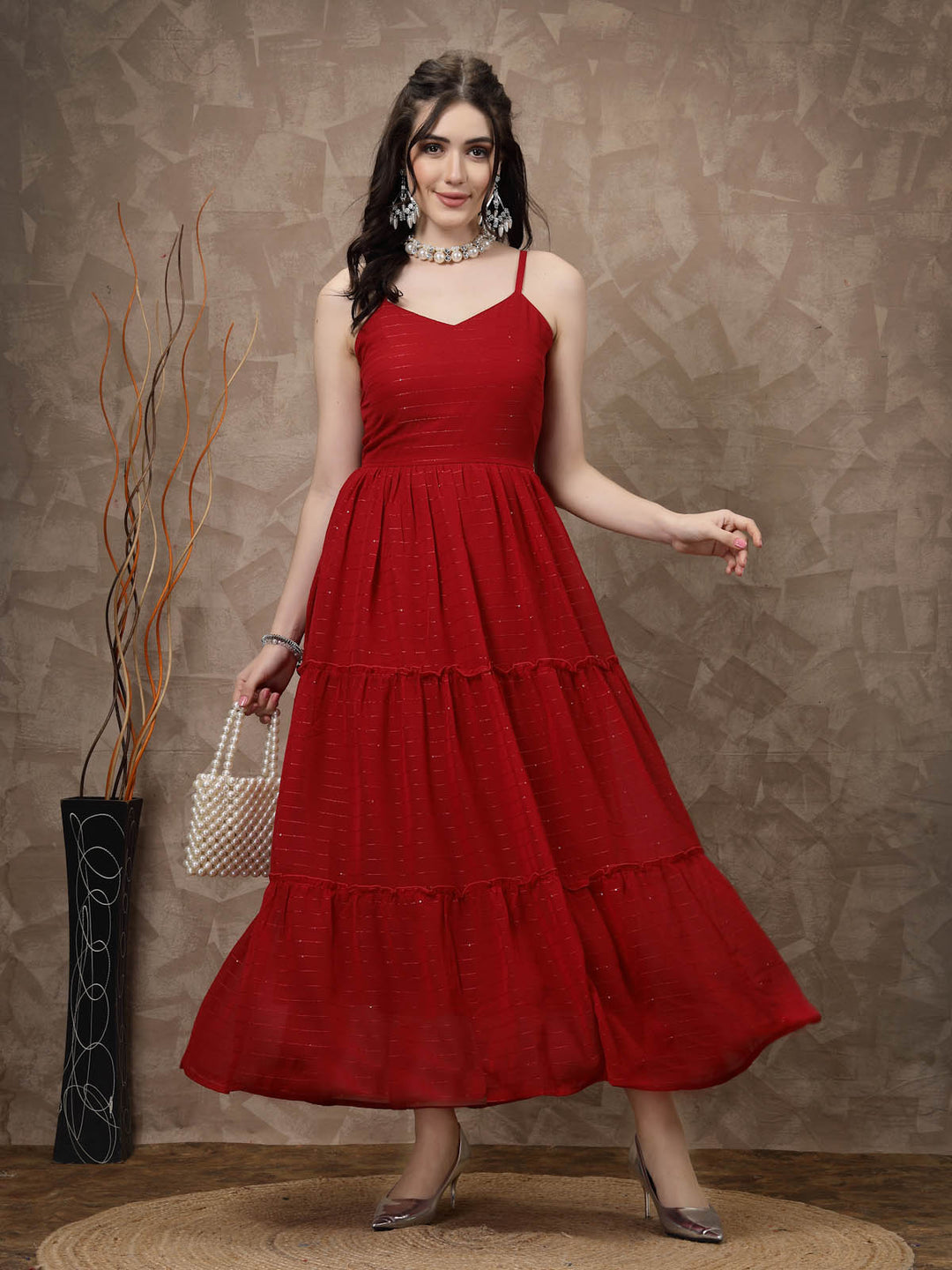 Red Striped Embellished Shoulder Straps Gathered & Tiered Detail Maxi Dress