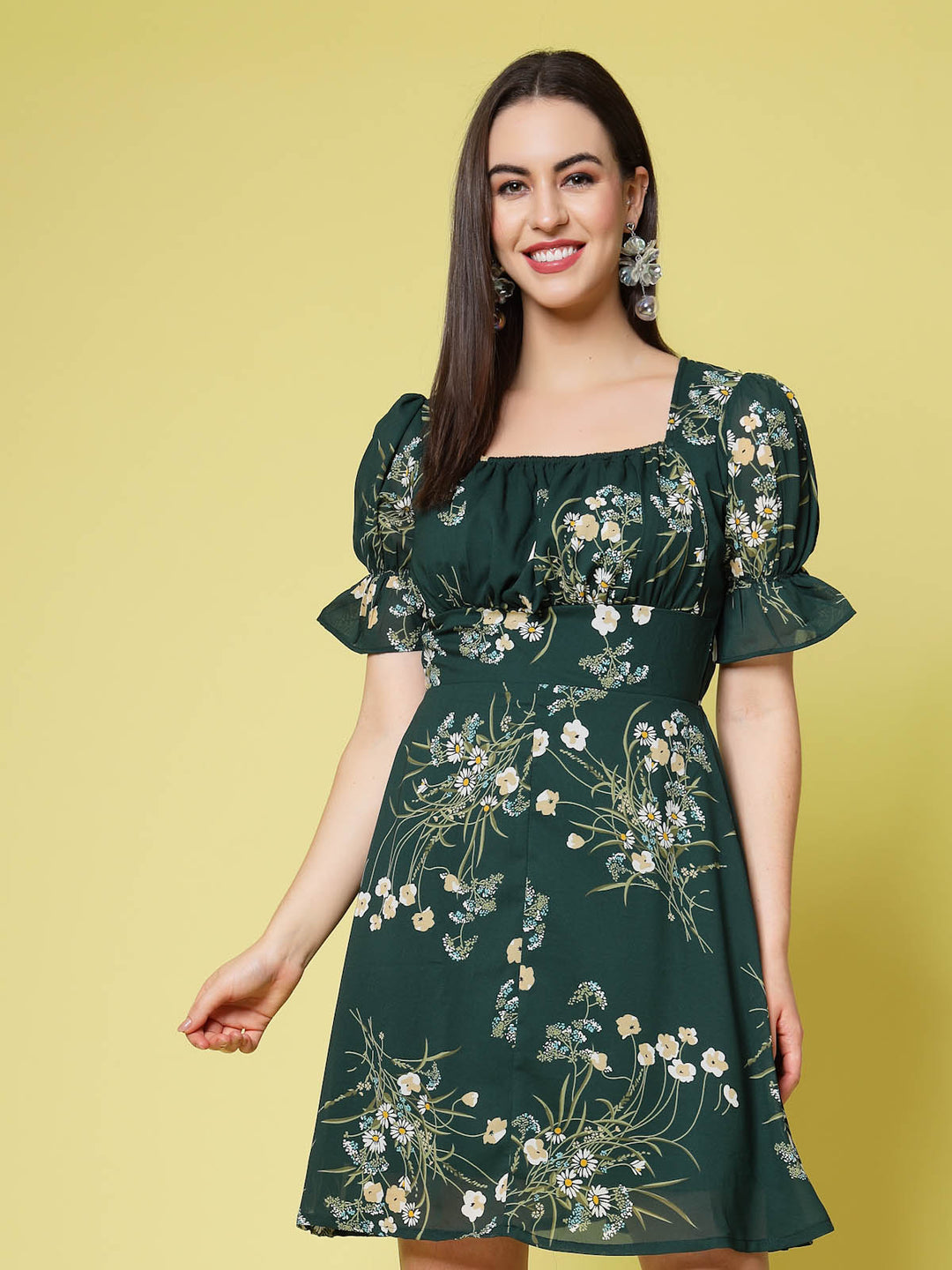 Green Floral Print Square Neck Puff Sleeve Fit  Flare Dress