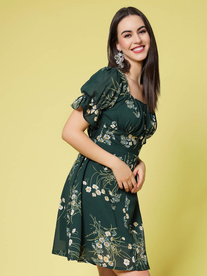 Green Floral Print Square Neck Puff Sleeve Fit  Flare Dress