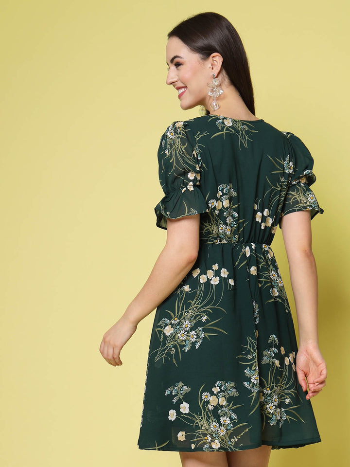 Green Floral Print Square Neck Puff Sleeve Fit  Flare Dress