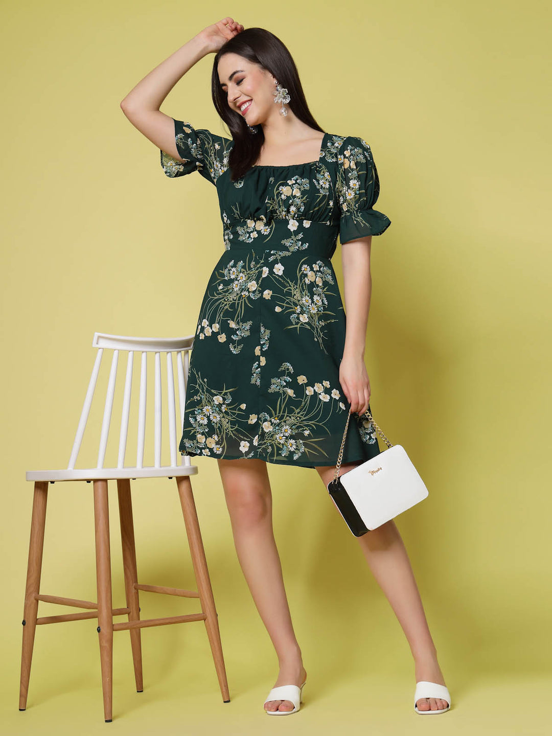 Green Floral Print Square Neck Puff Sleeve Fit  Flare Dress