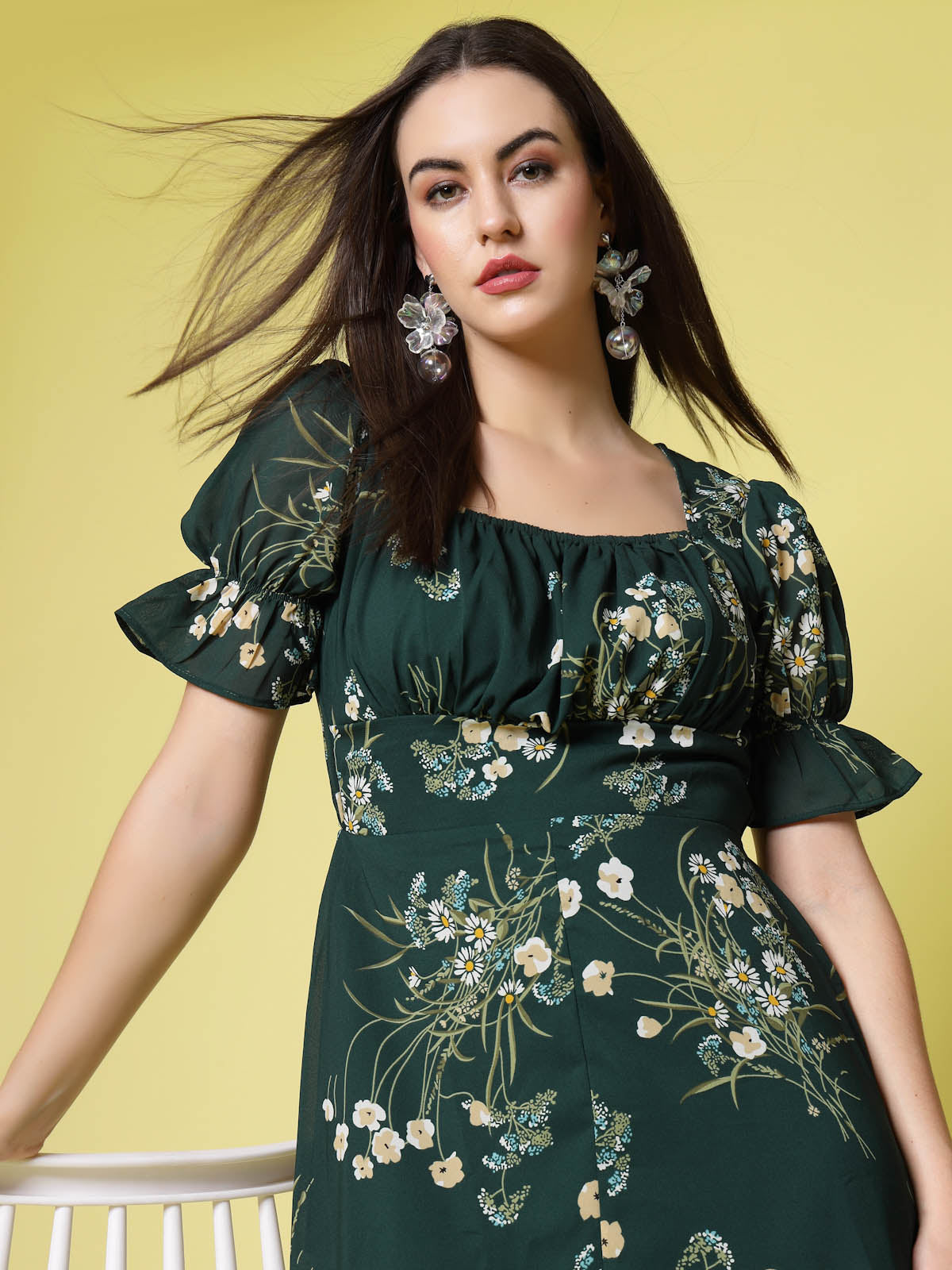 Green Floral Print Square Neck Puff Sleeve Fit Flare Dress pluss.in