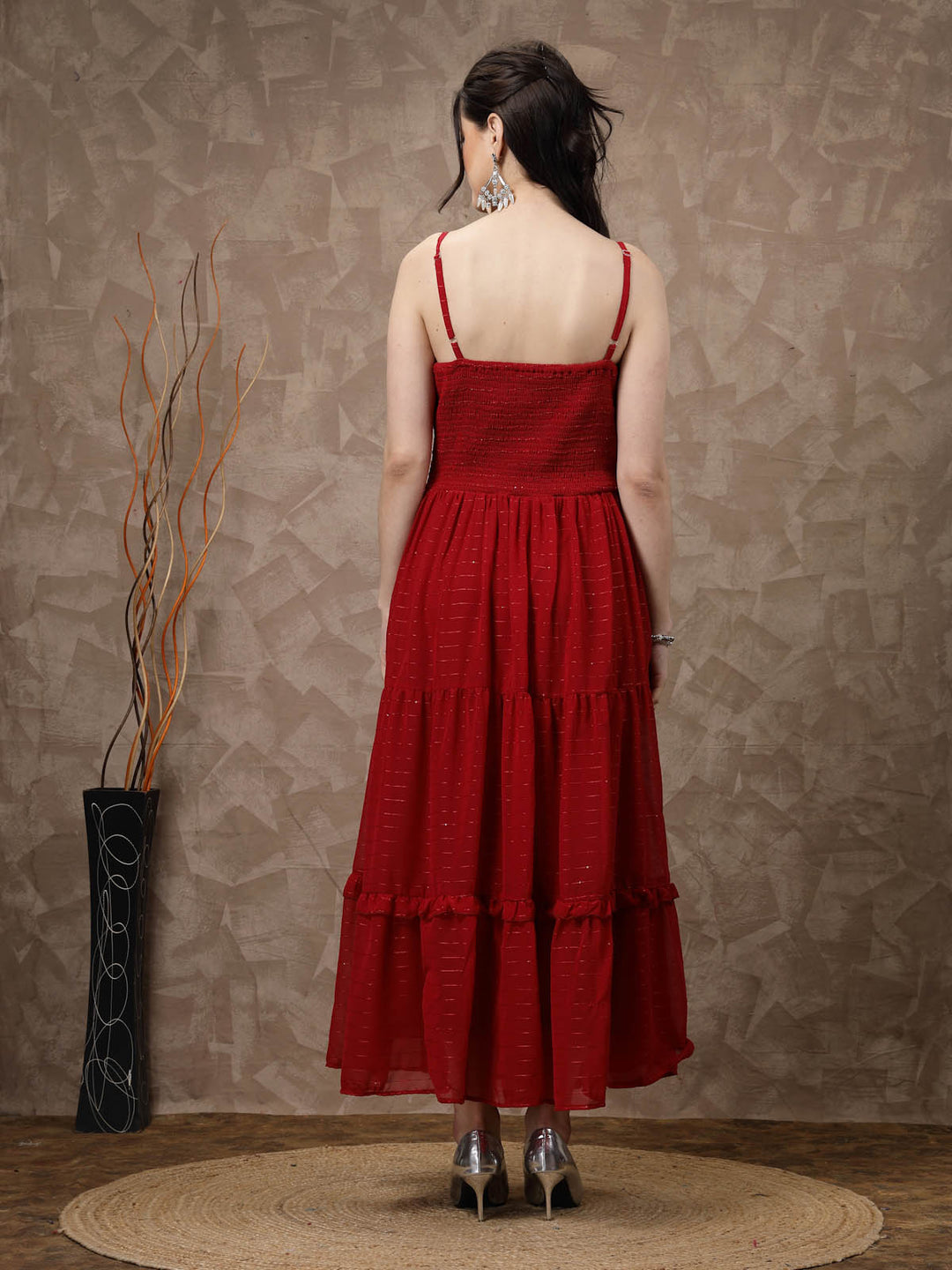 Red Striped Embellished Shoulder Straps Gathered & Tiered Detail Maxi Dress