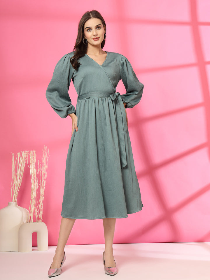 Women V-Neck Wrap Midi Dress