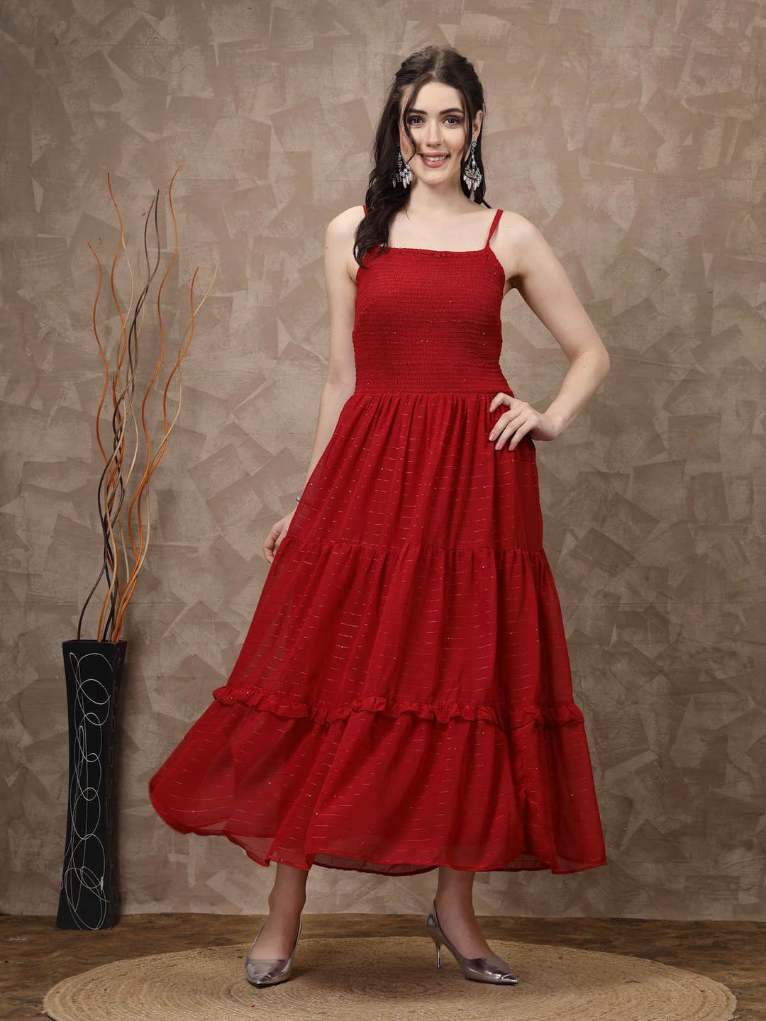 Red Striped Embellished Shoulder Straps Gathered & Tiered Detail Maxi Dress