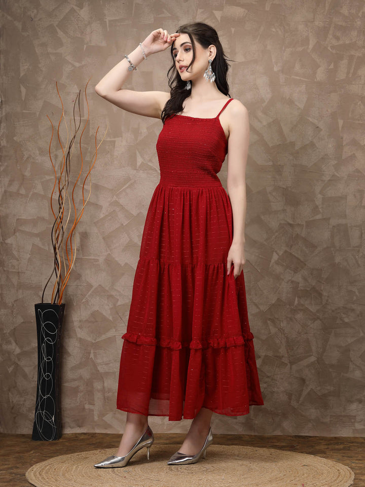 Red Striped Embellished Shoulder Straps Gathered & Tiered Detail Maxi Dress