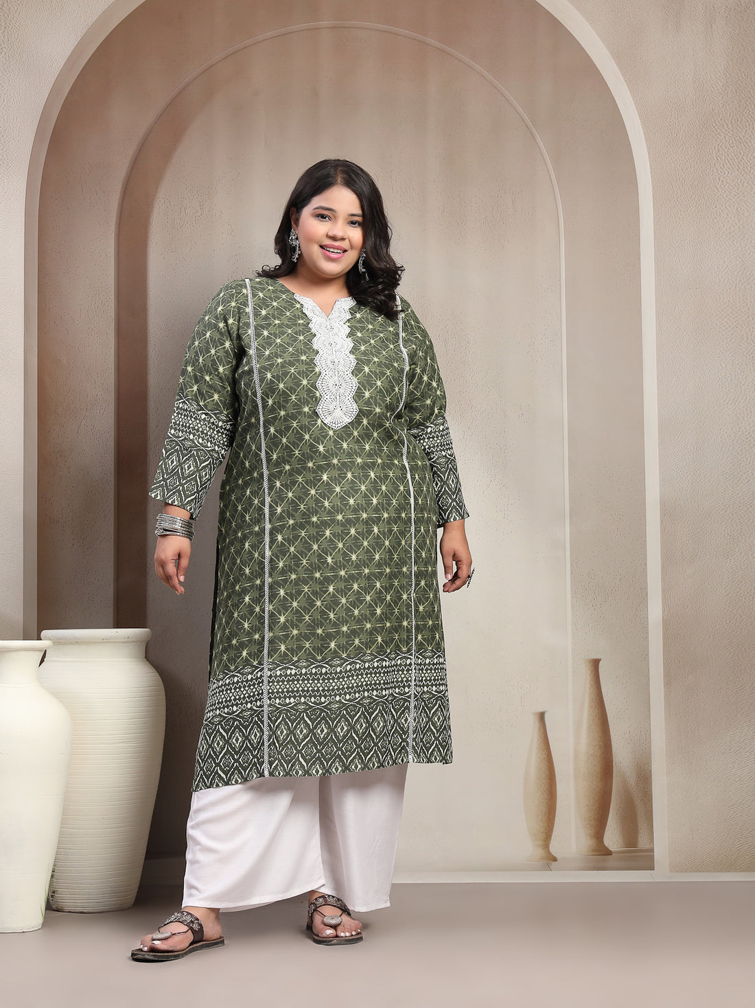 Plus Size Green Floral Printed Viscose Rayon Kurta